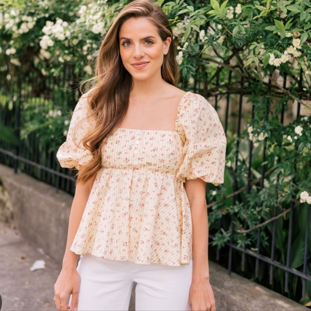 Petersyn Yellow Floral Pleated Presley Blouse XS